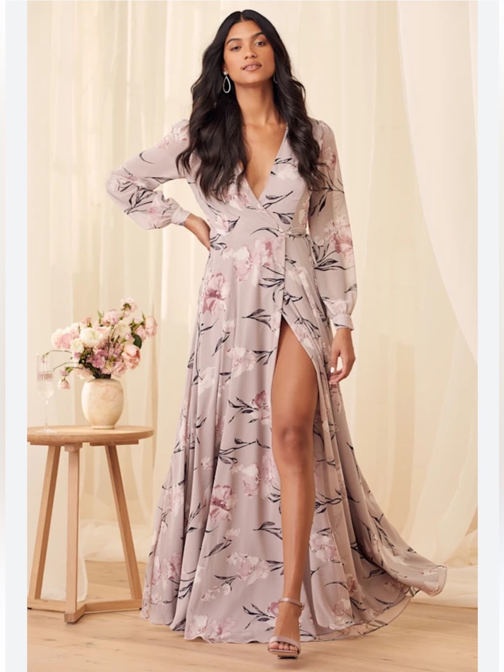 Lulu's Glam  Dusty purple floral wrap maxi Dress Size M